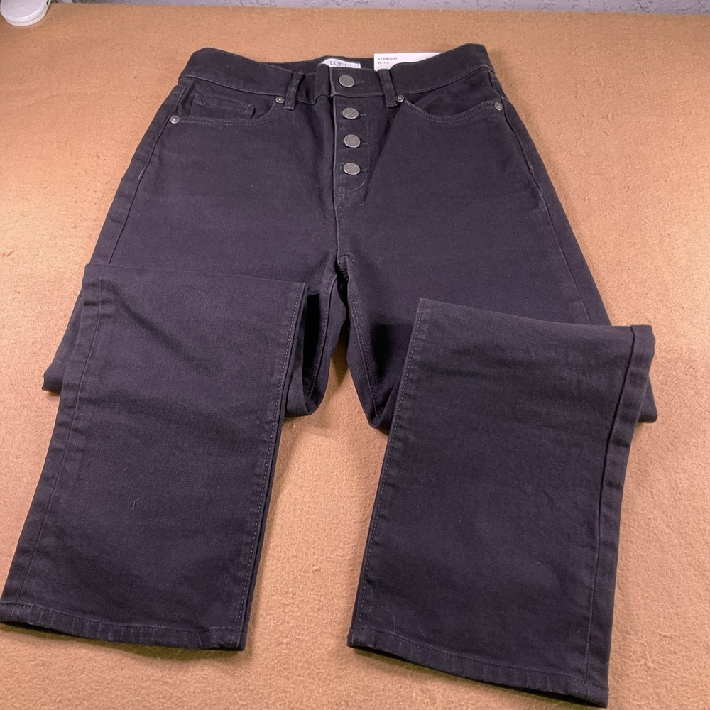 Loft Outlet Womens High Rise Straight Petite Jeans Black Button Fly Size 27/4P
